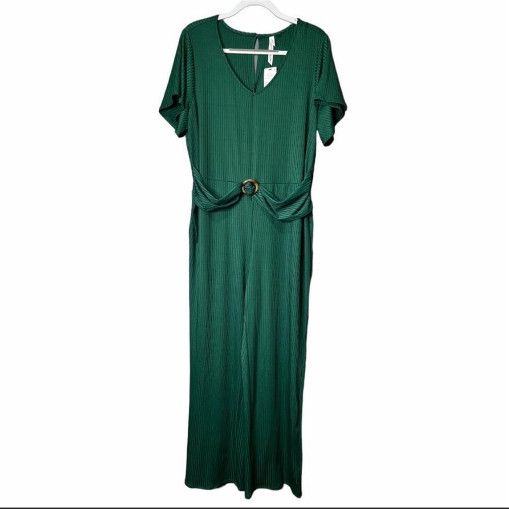 NY Collection Woman Plus Size Ribbed Jersey Knit Belted Jumpsuit Emerald NWT - Picture 2 of 8